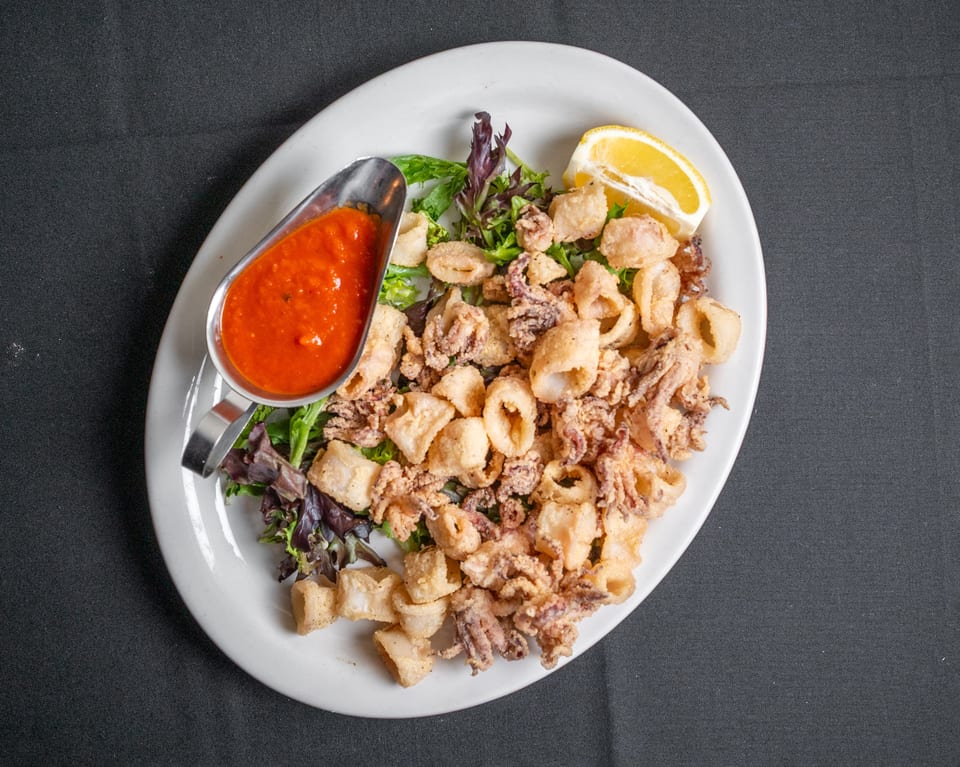 Fried calamari with marinara sauce, lemon wedge, and mixed greens on a white oval plate.